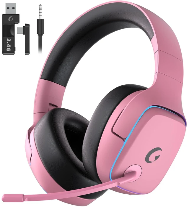 Main image of 2.4GHz Wireless Gaming Headsets for PS5, PS4, PC, Switch, BlushPink Bluetooth 5.3 Gaming Headphones with Noise Canceling Mic, 7.1 Surround Sound, 70H Battery, Blue Lighting