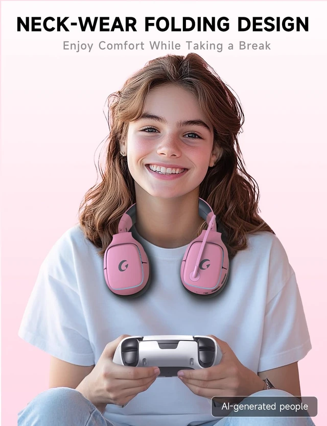 Alt view image 4 of 7 - 2.4GHz Wireless Gaming Headsets for PS5, PS4, PC, Switch, BlushPink Bluetooth 5.3 Gaming Headphones with Noise Canceling Mic, 7.1 Surround Sound, 70H Battery, Blue Lighting