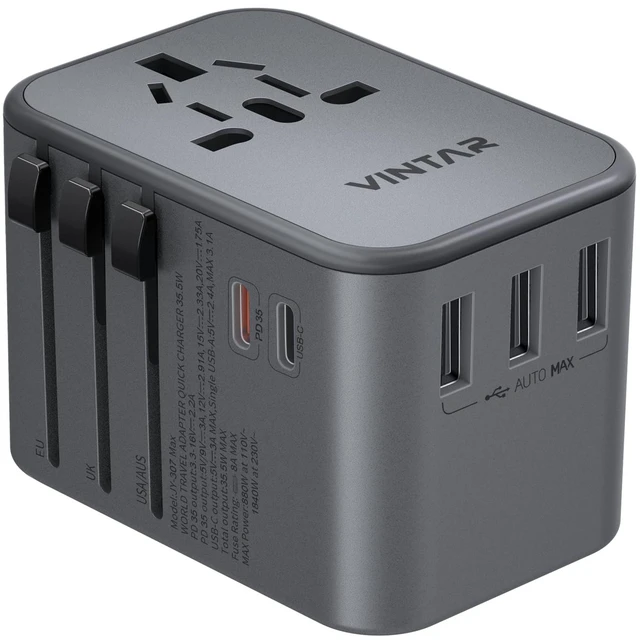 Main image of Universal Travel Adapter 35.5W, 6-in-1 with 3 USB-A QC & 2 USB-C PD International power adapter, All-in-One Plug Adapter for EU/UK/US/AU, Type C/G/A/I Plugs, Compact Travel Essentials, Silver