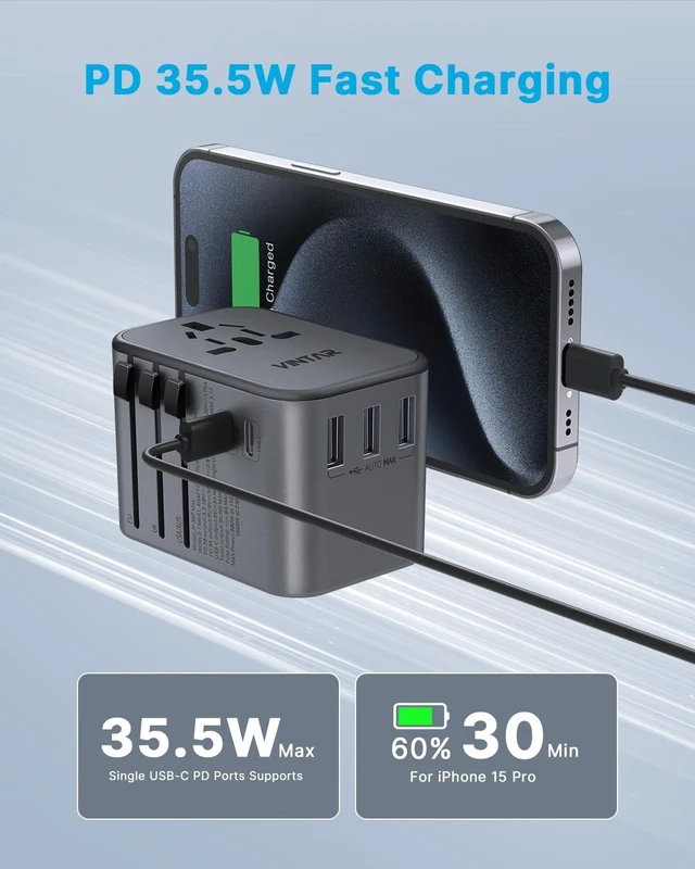 Alt view image 2 of 6 - Universal Travel Adapter 35.5W, 6-in-1 with 3 USB-A QC & 2 USB-C PD International power adapter, All-in-One Plug Adapter for EU/UK/US/AU, Type C/G/A/I Plugs, Compact Travel Essentials, Silver