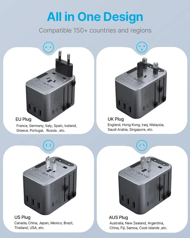 Alt view image 3 of 6 - Universal Travel Adapter 35.5W, 6-in-1 with 3 USB-A QC & 2 USB-C PD International power adapter, All-in-One Plug Adapter for EU/UK/US/AU, Type C/G/A/I Plugs, Compact Travel Essentials, Silver