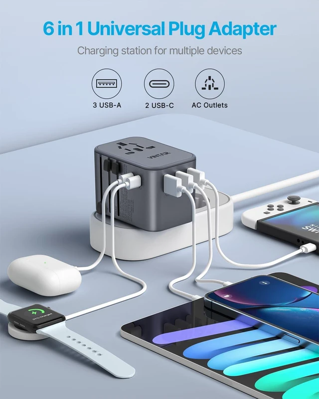 Alt view image 4 of 6 - Universal Travel Adapter 35.5W, 6-in-1 with 3 USB-A QC & 2 USB-C PD International power adapter, All-in-One Plug Adapter for EU/UK/US/AU, Type C/G/A/I Plugs, Compact Travel Essentials, Silver