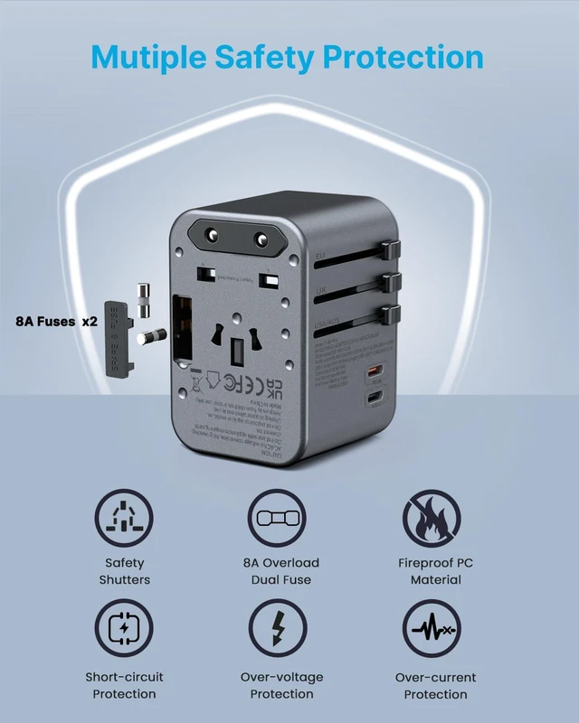 Alt view image 5 of 6 - Universal Travel Adapter 35.5W, 6-in-1 with 3 USB-A QC & 2 USB-C PD International power adapter, All-in-One Plug Adapter for EU/UK/US/AU, Type C/G/A/I Plugs, Compact Travel Essentials, Silver
