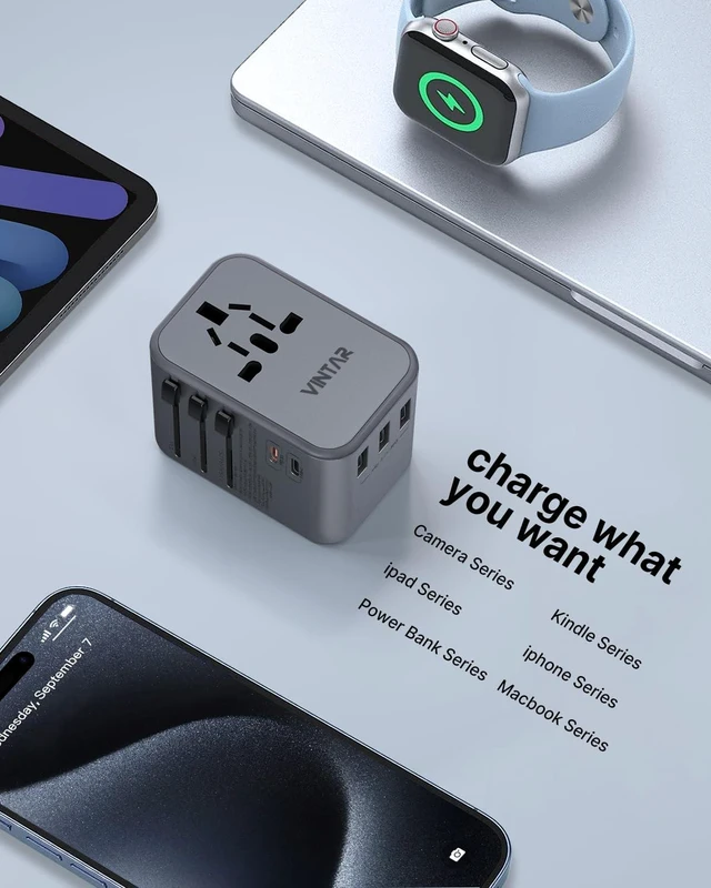 Alt view image 6 of 6 - Universal Travel Adapter 35.5W, 6-in-1 with 3 USB-A QC & 2 USB-C PD International power adapter, All-in-One Plug Adapter for EU/UK/US/AU, Type C/G/A/I Plugs, Compact Travel Essentials, Silver