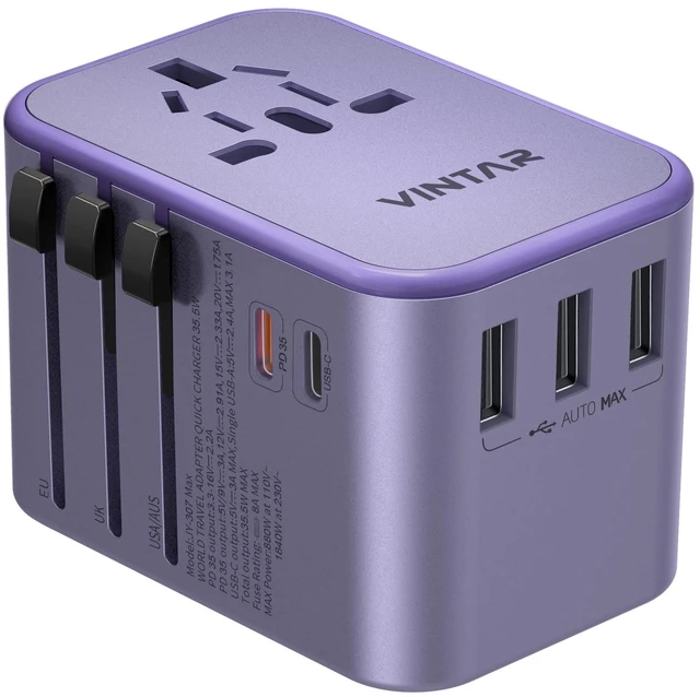Main image of Universal Travel Adapter 35.5W, 6-in-1 with 3 USB-A QC & 2 USB-C PD International power adapter, All-in-One Plug Adapter for EU/UK/US/AU, Type C/G/A/I Plugs, Compact Travel Essentials, Purple