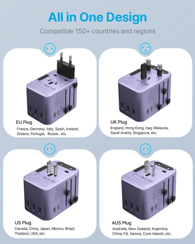 Alt view image 3 of 6 - Universal Travel Adapter 35.5W, 6-in-1 with 3 USB-A QC & 2 USB-C PD International power adapter, All-in-One Plug Adapter for EU/UK/US/AU, Type C/G/A/I Plugs, Compact Travel Essentials, Purple