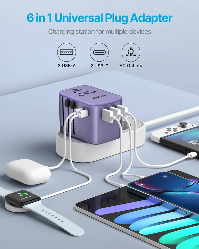 Alt view image 4 of 6 - Universal Travel Adapter 35.5W, 6-in-1 with 3 USB-A QC & 2 USB-C PD International power adapter, All-in-One Plug Adapter for EU/UK/US/AU, Type C/G/A/I Plugs, Compact Travel Essentials, Purple