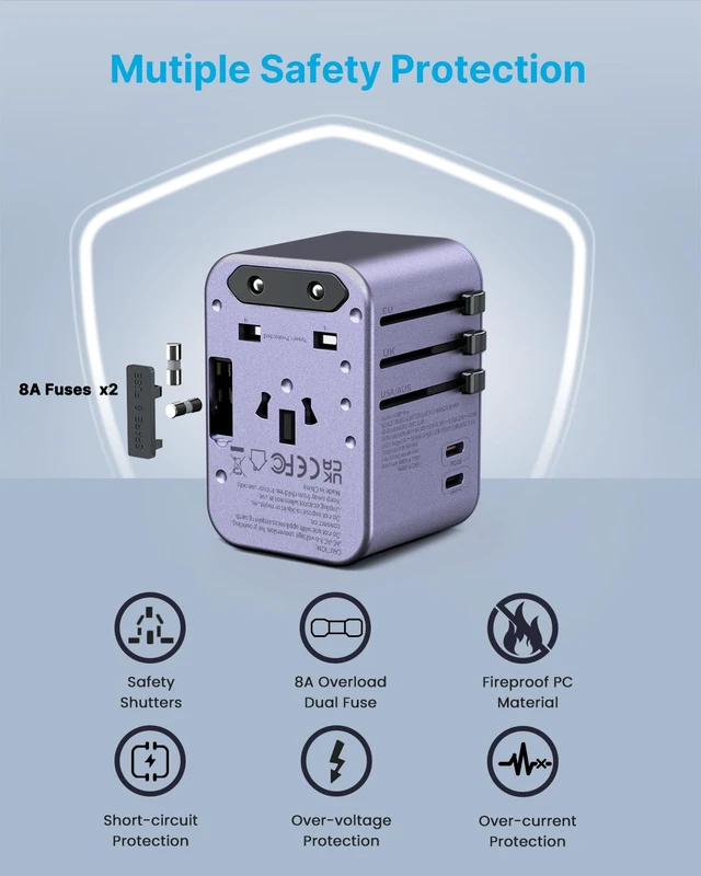 Alt view image 5 of 6 - Universal Travel Adapter 35.5W, 6-in-1 with 3 USB-A QC & 2 USB-C PD International power adapter, All-in-One Plug Adapter for EU/UK/US/AU, Type C/G/A/I Plugs, Compact Travel Essentials, Purple