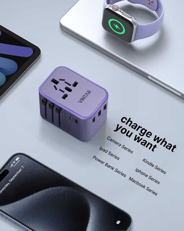 Alt view image 6 of 6 - Universal Travel Adapter 35.5W, 6-in-1 with 3 USB-A QC & 2 USB-C PD International power adapter, All-in-One Plug Adapter for EU/UK/US/AU, Type C/G/A/I Plugs, Compact Travel Essentials, Purple