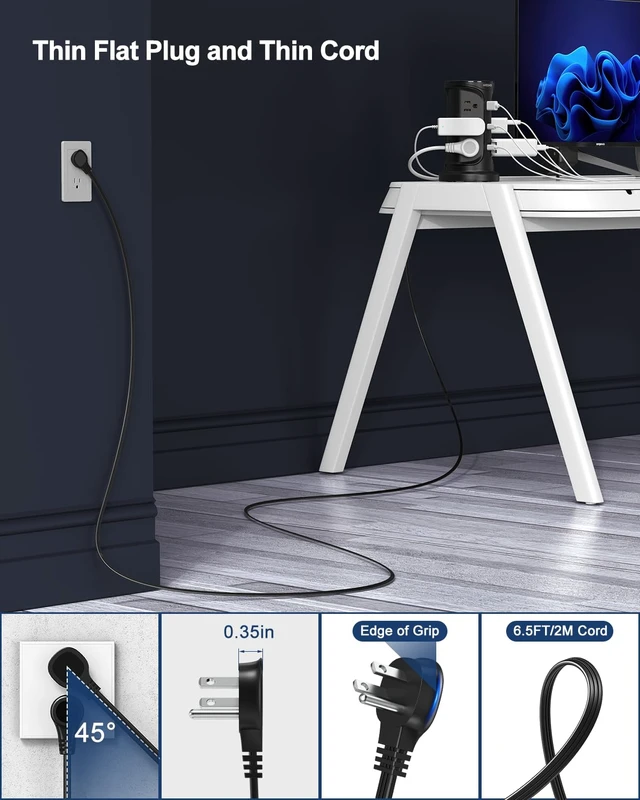 Alt view image 4 of 7 - Tower Surge Protector Power Strip with 12 AC Outlets 3 USB Ports(2 Type C) 6.5 FT Thin Flat Extension Cord with Multiple Outlets, Flat Plug Outlet Extender with Screw Wall Mount for Home Office Dorm