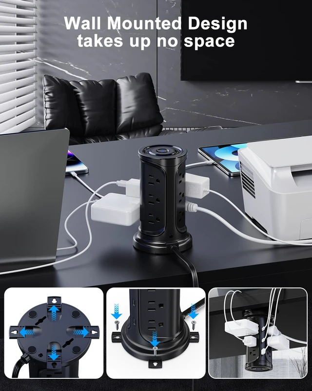 Alt view image 6 of 7 - Tower Surge Protector Power Strip with 12 AC Outlets 3 USB Ports(2 Type C) 6.5 FT Thin Flat Extension Cord with Multiple Outlets, Flat Plug Outlet Extender with Screw Wall Mount for Home Office Dorm