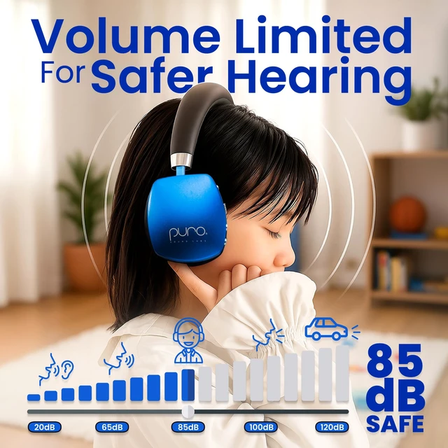 Alt view image 2 of 7 - Kids Headphones, Volume-Limiting 85dB, PuroQuiet Plus, Blue 85 dB Volume Limit, Built in Mic, 35-Hour Battery, Lightweight On Ear Design & Comfy Fit, Bluetooth Headphones for Kids