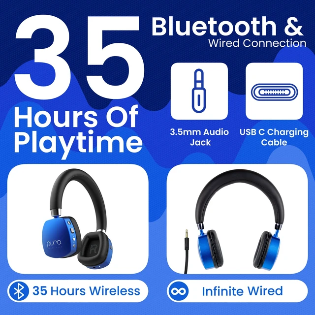 Alt view image 3 of 7 - Kids Headphones, Volume-Limiting 85dB, PuroQuiet Plus, Blue 85 dB Volume Limit, Built in Mic, 35-Hour Battery, Lightweight On Ear Design & Comfy Fit, Bluetooth Headphones for Kids