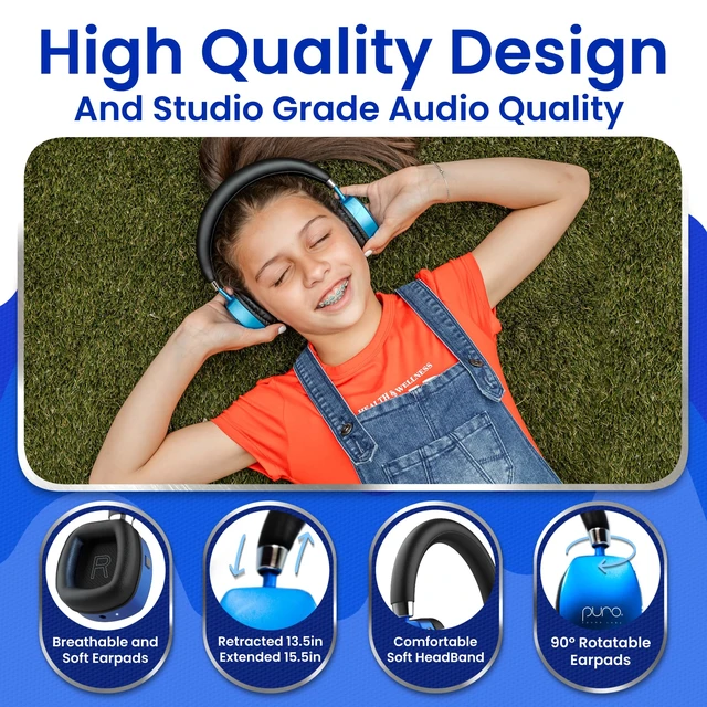 Alt view image 5 of 7 - Kids Headphones, Volume-Limiting 85dB, PuroQuiet Plus, Blue 85 dB Volume Limit, Built in Mic, 35-Hour Battery, Lightweight On Ear Design & Comfy Fit, Bluetooth Headphones for Kids