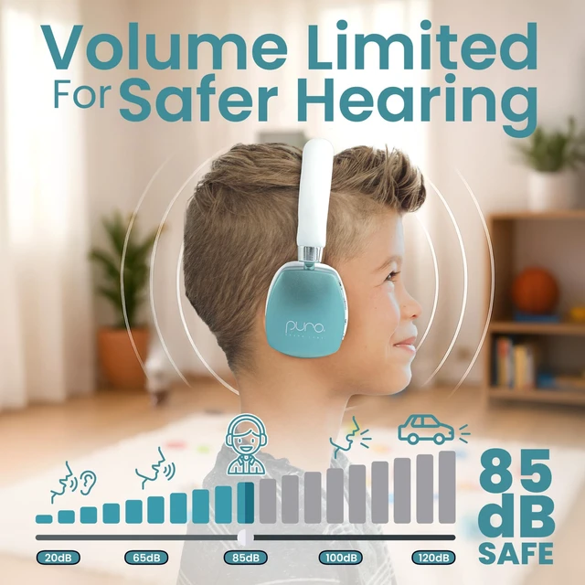 Alt view image 2 of 7 - Kids Headphones, Volume-Limiting 85dB, PuroQuiet Plus, Teal 85 dB Volume Limit, Built in Mic, 35-Hour Battery, Lightweight On Ear Design & Comfy Fit, Bluetooth Headphones for Kids
