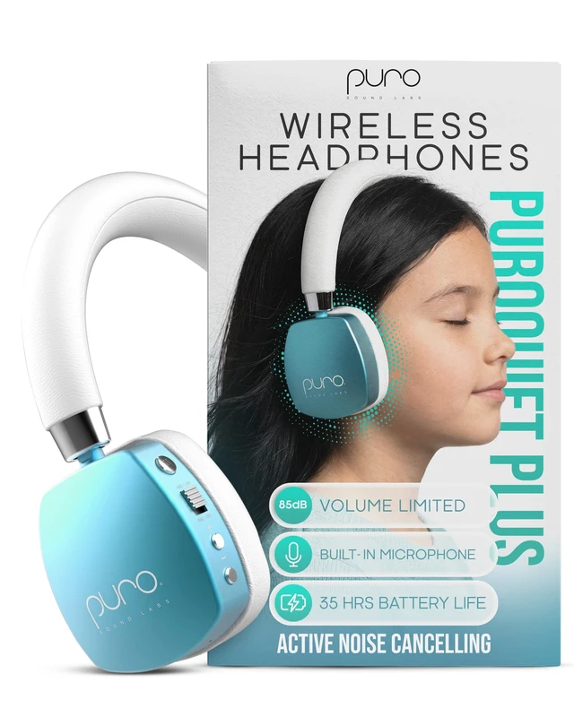 Main image of Kids Headphones, Volume-Limiting 85dB, PuroQuiet Plus, Teal 85 dB Volume Limit, Built in Mic, 35-Hour Battery, Lightweight On Ear Design & Comfy Fit, Bluetooth Headphones for Kids