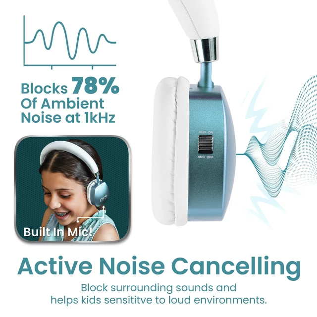 Alt view image 4 of 7 - Kids Headphones, Volume-Limiting 85dB, PuroQuiet Plus, Teal 85 dB Volume Limit, Built in Mic, 35-Hour Battery, Lightweight On Ear Design & Comfy Fit, Bluetooth Headphones for Kids