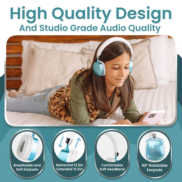 Alt view image 6 of 7 - Kids Headphones, Volume-Limiting 85dB, PuroQuiet Plus, Teal 85 dB Volume Limit, Built in Mic, 35-Hour Battery, Lightweight On Ear Design & Comfy Fit, Bluetooth Headphones for Kids