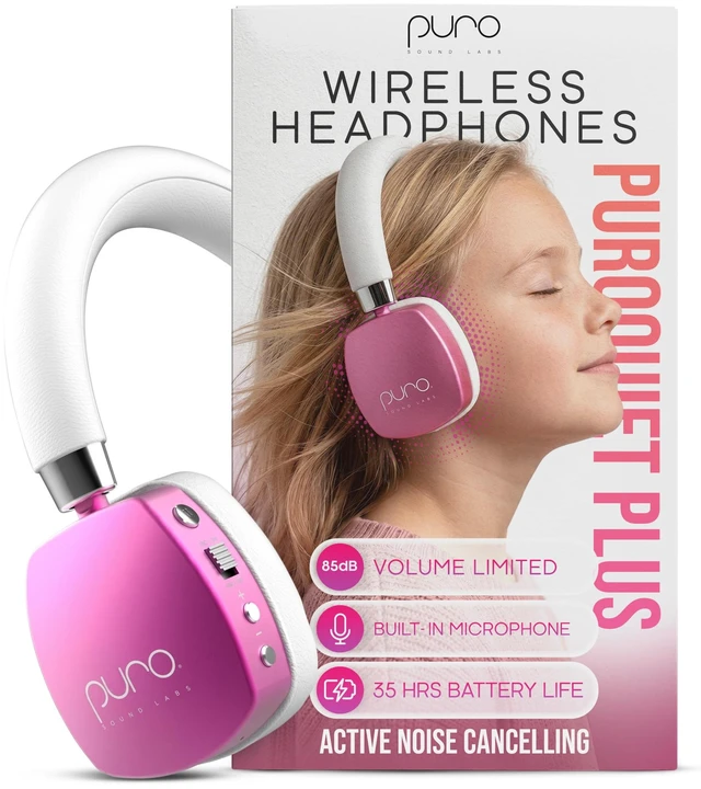 Main image of Kids Headphones, Volume-Limiting 85dB, PuroQuiet Plus, Pink 85 dB Volume Limit, Built in Mic, 35-Hour Battery, Lightweight On Ear Design & Comfy Fit, Bluetooth Headphones for Kids