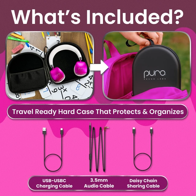 Alt view image 7 of 7 - Kids Headphones, Volume-Limiting 85dB, PuroQuiet Plus, Pink 85 dB Volume Limit, Built in Mic, 35-Hour Battery, Lightweight On Ear Design & Comfy Fit, Bluetooth Headphones for Kids