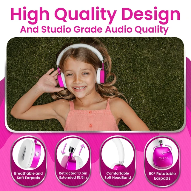 Alt view image 6 of 7 - Kids Headphones, Volume-Limiting 85dB, PuroQuiet Plus, Pink 85 dB Volume Limit, Built in Mic, 35-Hour Battery, Lightweight On Ear Design & Comfy Fit, Bluetooth Headphones for Kids