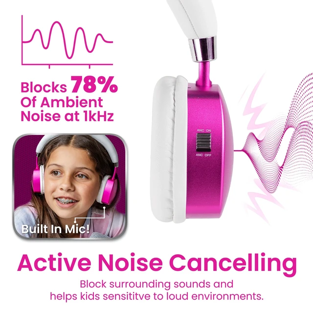 Alt view image 4 of 7 - Kids Headphones, Volume-Limiting 85dB, PuroQuiet Plus, Pink 85 dB Volume Limit, Built in Mic, 35-Hour Battery, Lightweight On Ear Design & Comfy Fit, Bluetooth Headphones for Kids