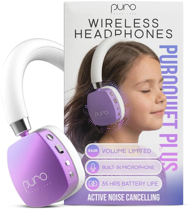 Main image of Kids Headphones, Volume-Limiting, PuroQuiet Plus, Purple 85 dB Volume Limit, Built in Mic, 35-Hour Battery, Lightweight On Ear Design & Comfy Fit, Bluetooth Headphones for Kids