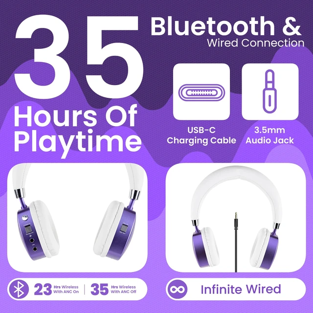 Alt view image 3 of 7 - Kids Headphones, Volume-Limiting, PuroQuiet Plus, Purple 85 dB Volume Limit, Built in Mic, 35-Hour Battery, Lightweight On Ear Design & Comfy Fit, Bluetooth Headphones for Kids