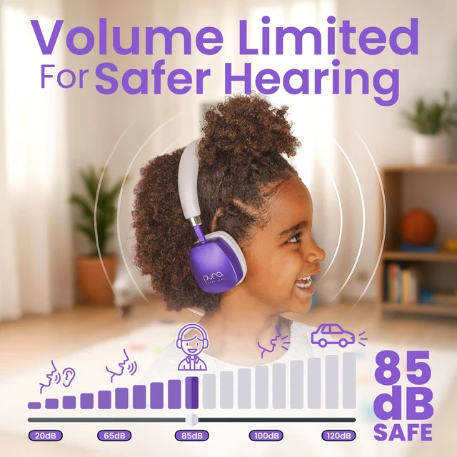 Alt view image 2 of 7 - Kids Headphones, Volume-Limiting, PuroQuiet Plus, Purple 85 dB Volume Limit, Built in Mic, 35-Hour Battery, Lightweight On Ear Design & Comfy Fit, Bluetooth Headphones for Kids
