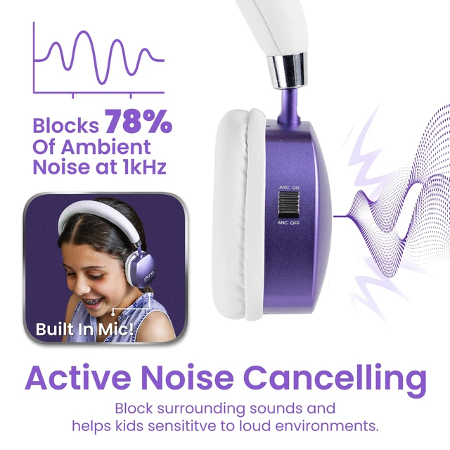 Alt view image 4 of 7 - Kids Headphones, Volume-Limiting, PuroQuiet Plus, Purple 85 dB Volume Limit, Built in Mic, 35-Hour Battery, Lightweight On Ear Design & Comfy Fit, Bluetooth Headphones for Kids