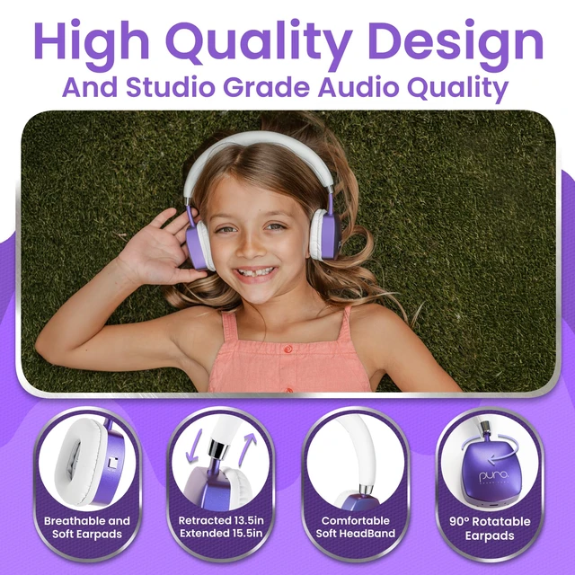 Alt view image 6 of 7 - Kids Headphones, Volume-Limiting, PuroQuiet Plus, Purple 85 dB Volume Limit, Built in Mic, 35-Hour Battery, Lightweight On Ear Design & Comfy Fit, Bluetooth Headphones for Kids