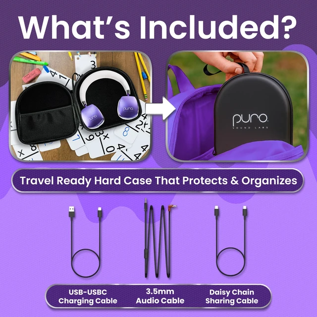 Alt view image 7 of 7 - Kids Headphones, Volume-Limiting, PuroQuiet Plus, Purple 85 dB Volume Limit, Built in Mic, 35-Hour Battery, Lightweight On Ear Design & Comfy Fit, Bluetooth Headphones for Kids