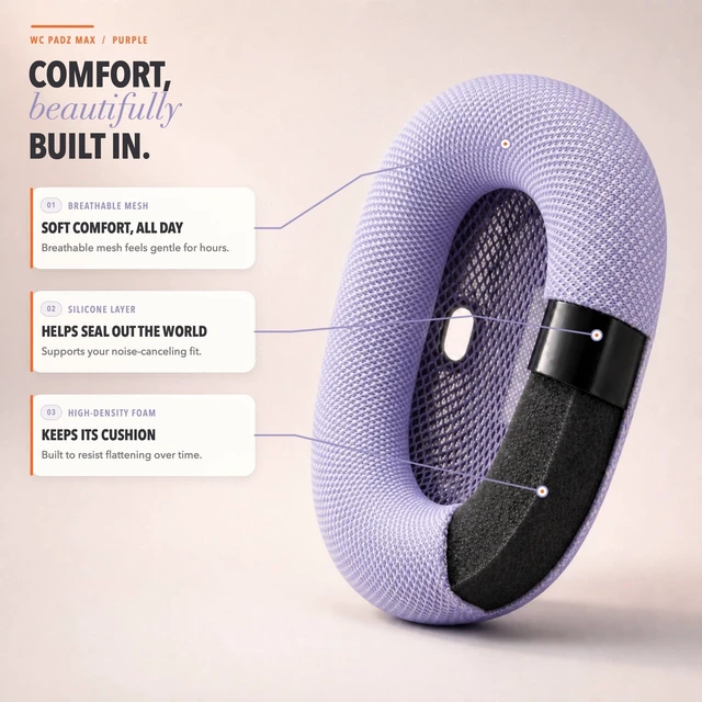 Alt view image 3 of 7 - PadZ Max - Ear Cushions for AirPods Max 1 & 2 Made by Wicked Cushions Soft Fabric, Enhanced Comfort & Unique Style Purple