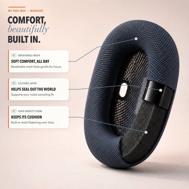 Alt view image 3 of 7 - PadZ Max - Ear Cushions for AirPods Max 1 & 2 Made by Wicked Cushions Soft Fabric, Enhanced Comfort & Unique Style Midnight