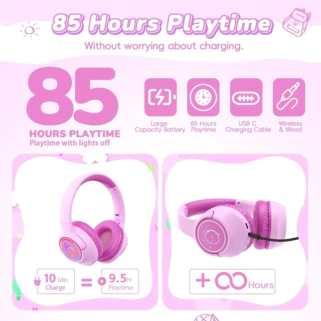 Alt view image 2 of 7 - Kids Bluetooth Headphones, 85H Playtime for Toddler, Fuscia Pink with LED Over Ear Wireless Headphones for Kids, 85/94dB Safe Volume Limit, Bluetooth 5.4 Built-in Mic for iPad Tablet Airplane Travel