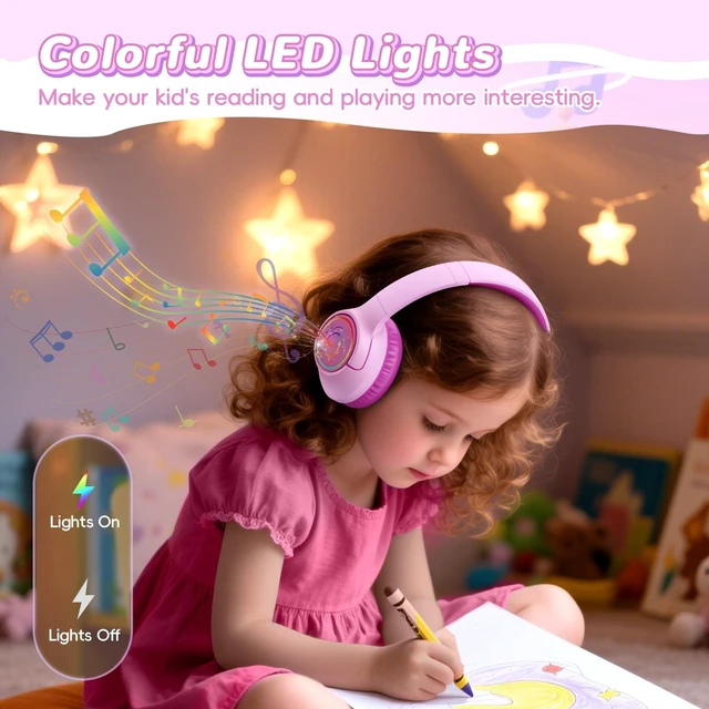 Alt view image 3 of 7 - Kids Bluetooth Headphones, 85H Playtime for Toddler, Fuscia Pink with LED Over Ear Wireless Headphones for Kids, 85/94dB Safe Volume Limit, Bluetooth 5.4 Built-in Mic for iPad Tablet Airplane Travel