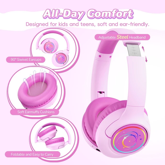 Alt view image 5 of 7 - Kids Bluetooth Headphones, 85H Playtime for Toddler, Fuscia Pink with LED Over Ear Wireless Headphones for Kids, 85/94dB Safe Volume Limit, Bluetooth 5.4 Built-in Mic for iPad Tablet Airplane Travel