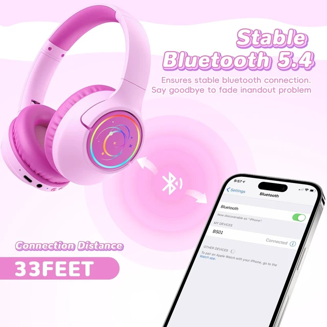 Alt view image 6 of 7 - Kids Bluetooth Headphones, 85H Playtime for Toddler, Fuscia Pink with LED Over Ear Wireless Headphones for Kids, 85/94dB Safe Volume Limit, Bluetooth 5.4 Built-in Mic for iPad Tablet Airplane Travel