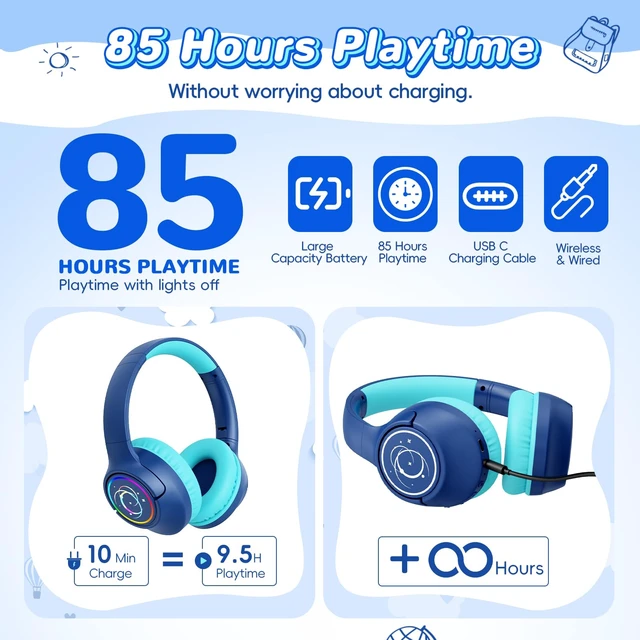 Alt view image 2 of 7 - Kids Bluetooth Headphones with 85H Playtime for Toddler Boy, Navy with LED Over Ear Wireless Headphones for Kids, 85/94dB Safe Volume Limit, Bluetooth 5.4 Built-in Mic for iPad Tablet Airplane Travel