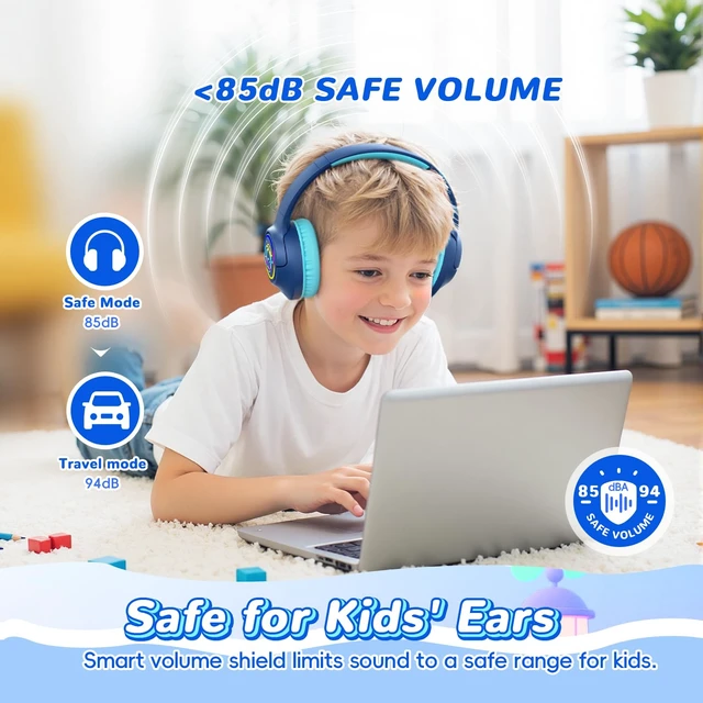 Alt view image 4 of 7 - Kids Bluetooth Headphones with 85H Playtime for Toddler Boy, Navy with LED Over Ear Wireless Headphones for Kids, 85/94dB Safe Volume Limit, Bluetooth 5.4 Built-in Mic for iPad Tablet Airplane Travel