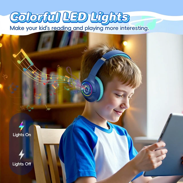 Alt view image 3 of 7 - Kids Bluetooth Headphones with 85H Playtime for Toddler Boy, Navy with LED Over Ear Wireless Headphones for Kids, 85/94dB Safe Volume Limit, Bluetooth 5.4 Built-in Mic for iPad Tablet Airplane Travel