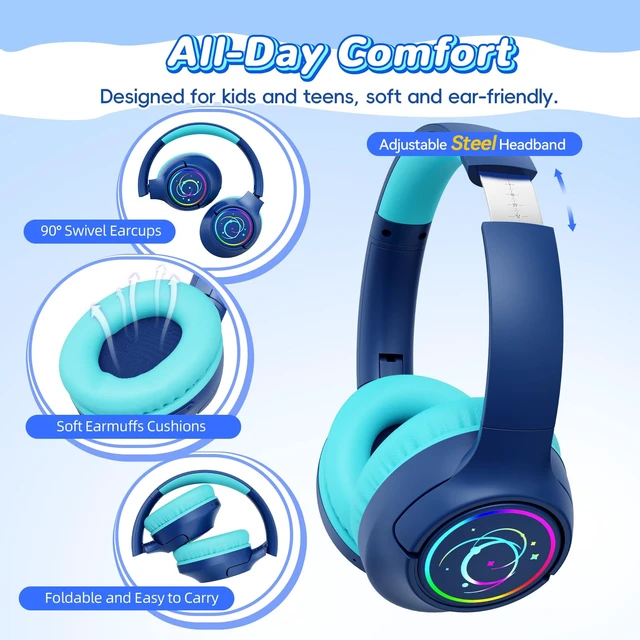 Alt view image 5 of 7 - Kids Bluetooth Headphones with 85H Playtime for Toddler Boy, Navy with LED Over Ear Wireless Headphones for Kids, 85/94dB Safe Volume Limit, Bluetooth 5.4 Built-in Mic for iPad Tablet Airplane Travel