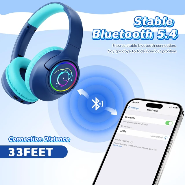 Alt view image 6 of 7 - Kids Bluetooth Headphones with 85H Playtime for Toddler Boy, Navy with LED Over Ear Wireless Headphones for Kids, 85/94dB Safe Volume Limit, Bluetooth 5.4 Built-in Mic for iPad Tablet Airplane Travel