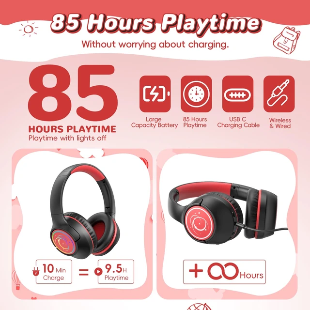 Alt view image 2 of 7 - Kids Bluetooth Headphones, 85H Playtime for Toddler Boys, Black with LED Over Ear Wireless Headphones for Kids, 85/94dB Safe Volume Limit, Bluetooth 5.4 Built-in Mic for iPad Tablet Airplane Travel