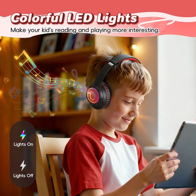 Alt view image 3 of 7 - Kids Bluetooth Headphones, 85H Playtime for Toddler Boys, Black with LED Over Ear Wireless Headphones for Kids, 85/94dB Safe Volume Limit, Bluetooth 5.4 Built-in Mic for iPad Tablet Airplane Travel