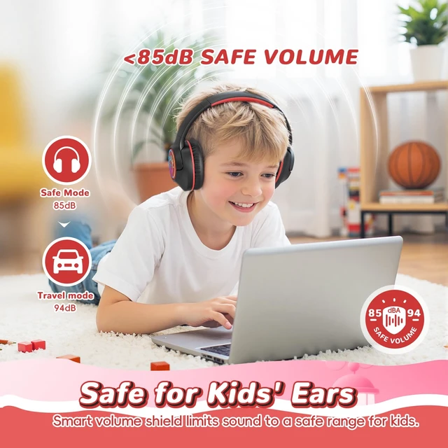 Alt view image 4 of 7 - Kids Bluetooth Headphones, 85H Playtime for Toddler Boys, Black with LED Over Ear Wireless Headphones for Kids, 85/94dB Safe Volume Limit, Bluetooth 5.4 Built-in Mic for iPad Tablet Airplane Travel