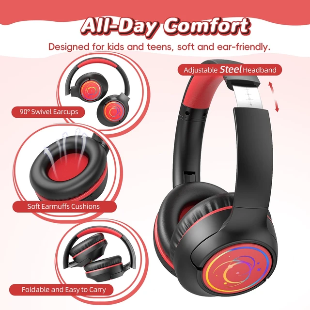 Alt view image 5 of 7 - Kids Bluetooth Headphones, 85H Playtime for Toddler Boys, Black with LED Over Ear Wireless Headphones for Kids, 85/94dB Safe Volume Limit, Bluetooth 5.4 Built-in Mic for iPad Tablet Airplane Travel