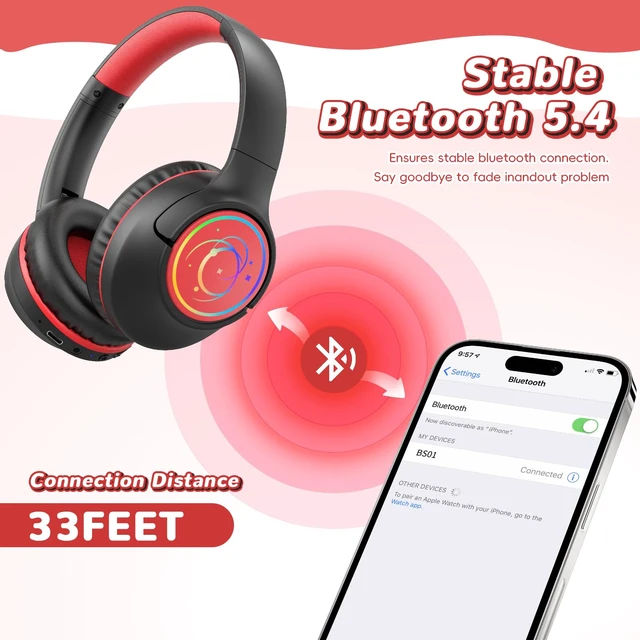 Alt view image 6 of 7 - Kids Bluetooth Headphones, 85H Playtime for Toddler Boys, Black with LED Over Ear Wireless Headphones for Kids, 85/94dB Safe Volume Limit, Bluetooth 5.4 Built-in Mic for iPad Tablet Airplane Travel