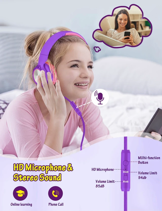 Alt view image 2 of 6 - Kids Headphones with Microphone, Wired Over Ear Headsets with Limited Volume 85dB/ 94dB for Boys Girls Teens Children Online School/Travel/iPad/Tablet/Cellphone