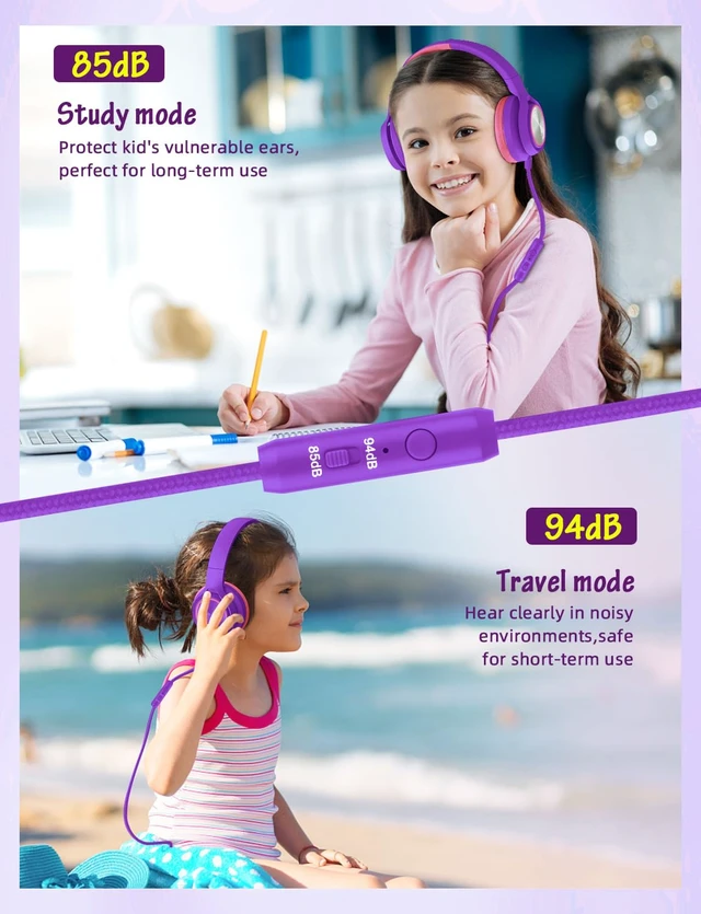 Alt view image 4 of 6 - Kids Headphones with Microphone, Wired Over Ear Headsets with Limited Volume 85dB/ 94dB for Boys Girls Teens Children Online School/Travel/iPad/Tablet/Cellphone